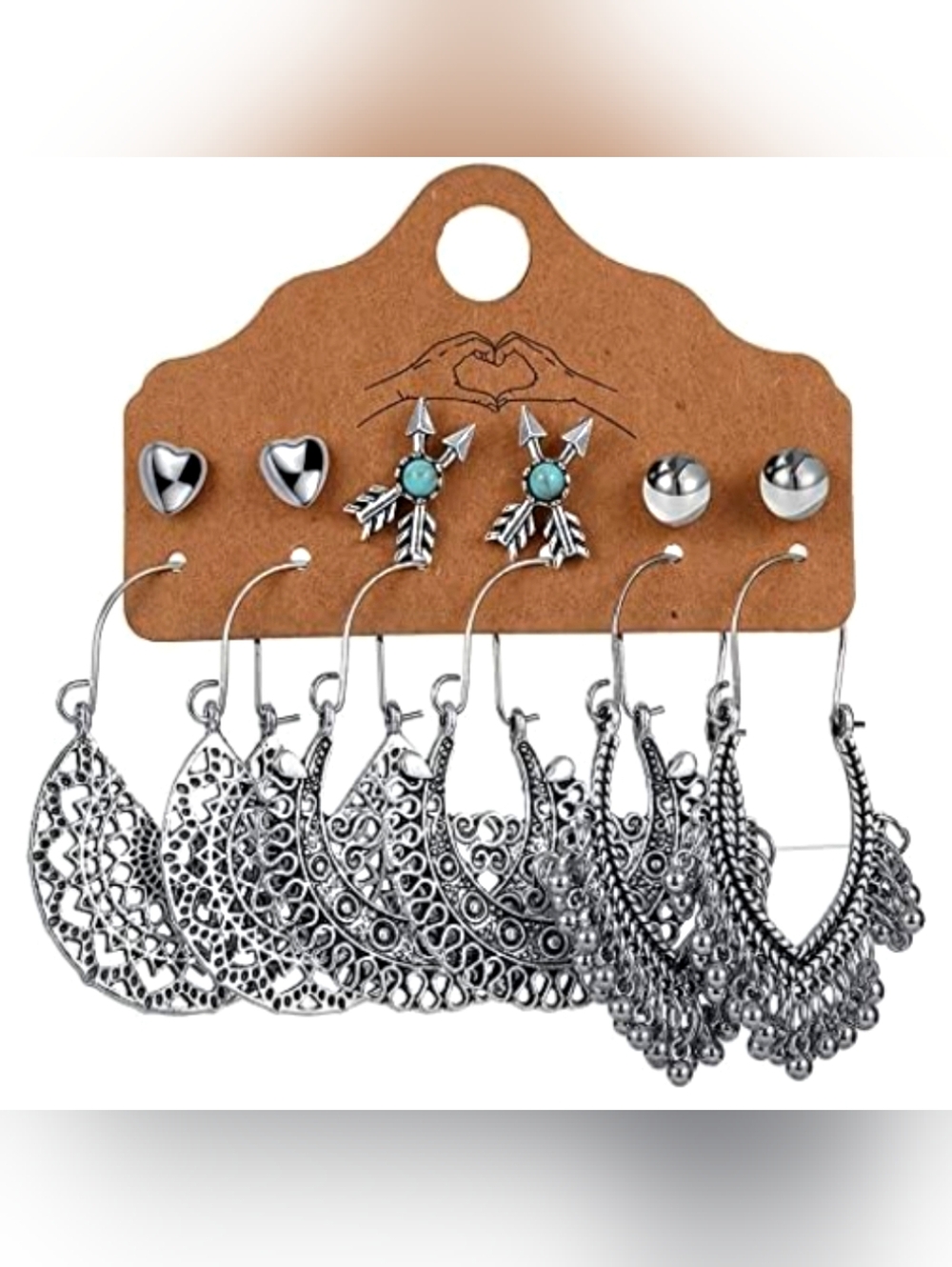 6 Pair Bohemian Style Silver Plated Earrings